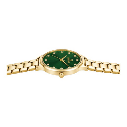 Labdhi Watches & Premium TimeGold Aurelia Grace watch with a green sunray dial, gold-tone bracelet, and crystals.