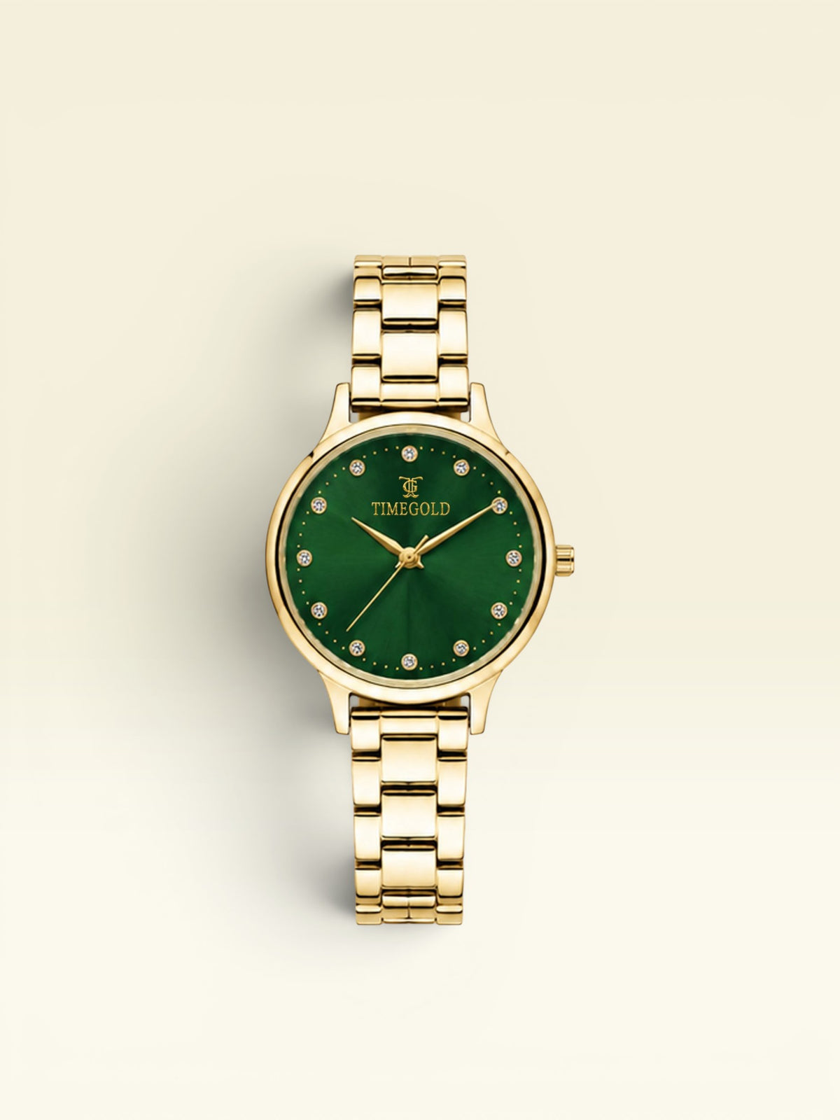 Labdhi Watches & Premium TimeGold Aurelia Grace watch with a green sunray dial, crystal markers, and gold-tone bracelet