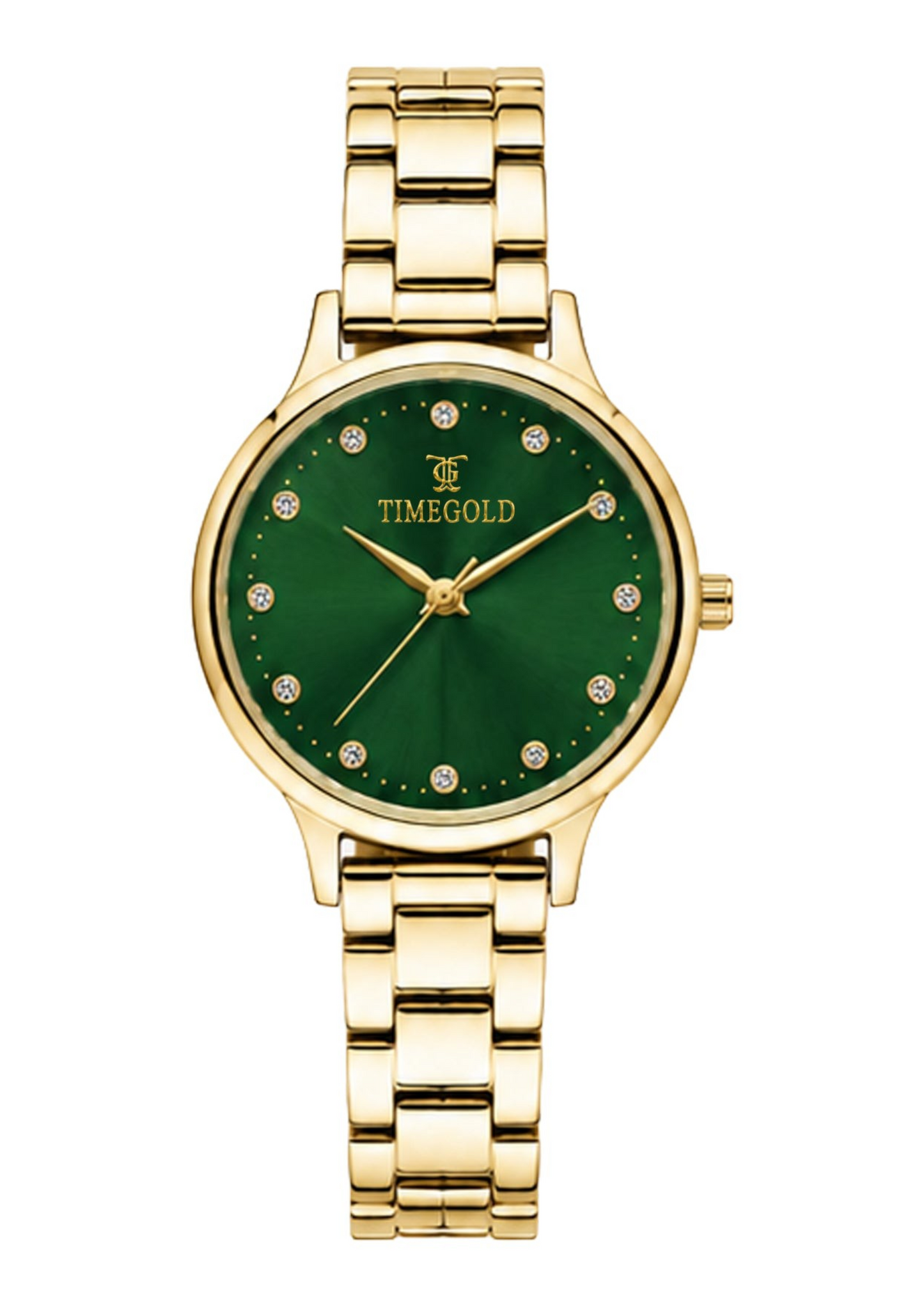 Labdhi Watches & Premium TimeGold Aurelia Grace watch with a green sunray dial, crystal markers, and gold-tone bracelet