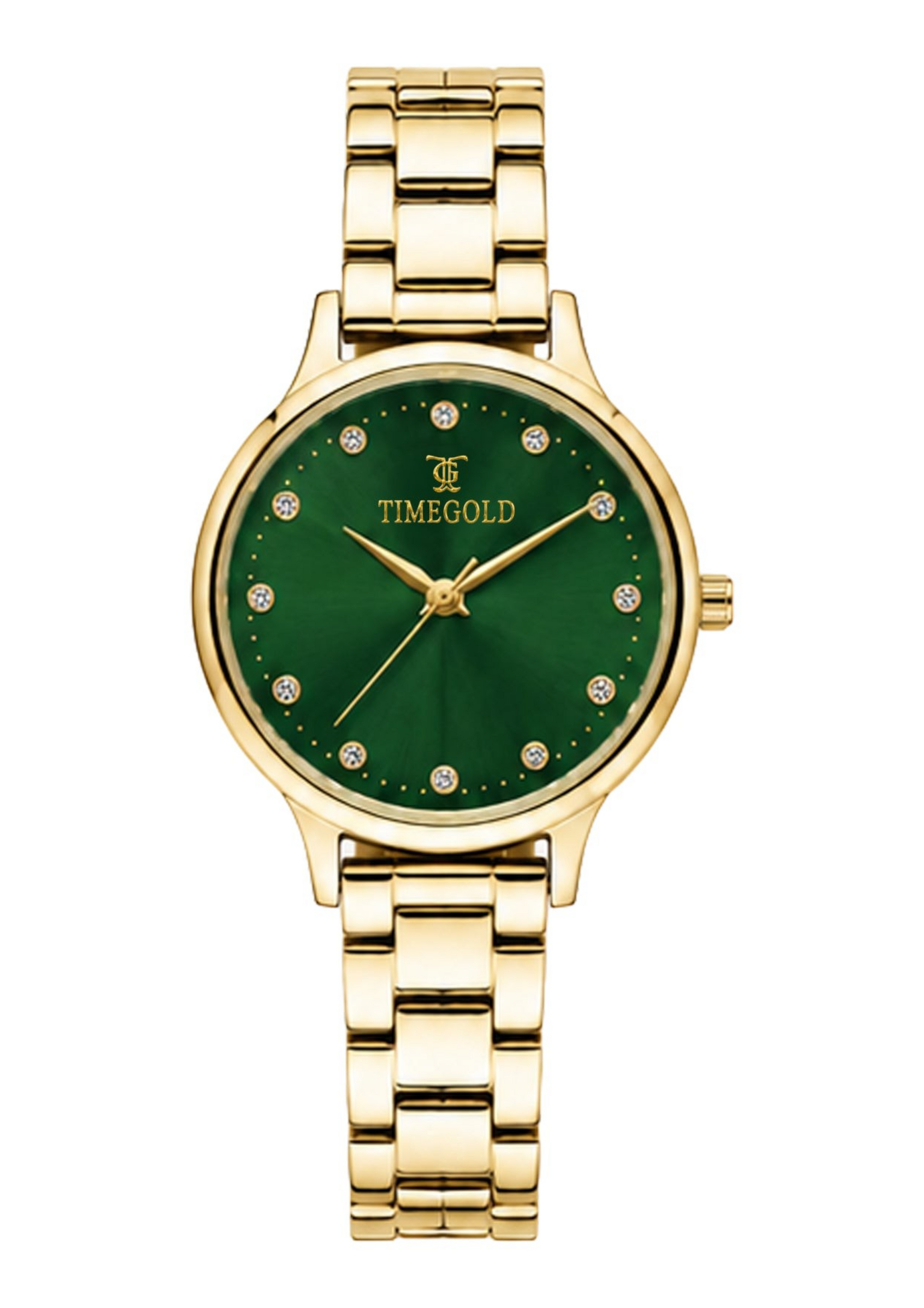 Labdhi Watches & Premium TimeGold Aurelia Grace watch with a green sunray dial, crystal markers, and gold-tone bracelet