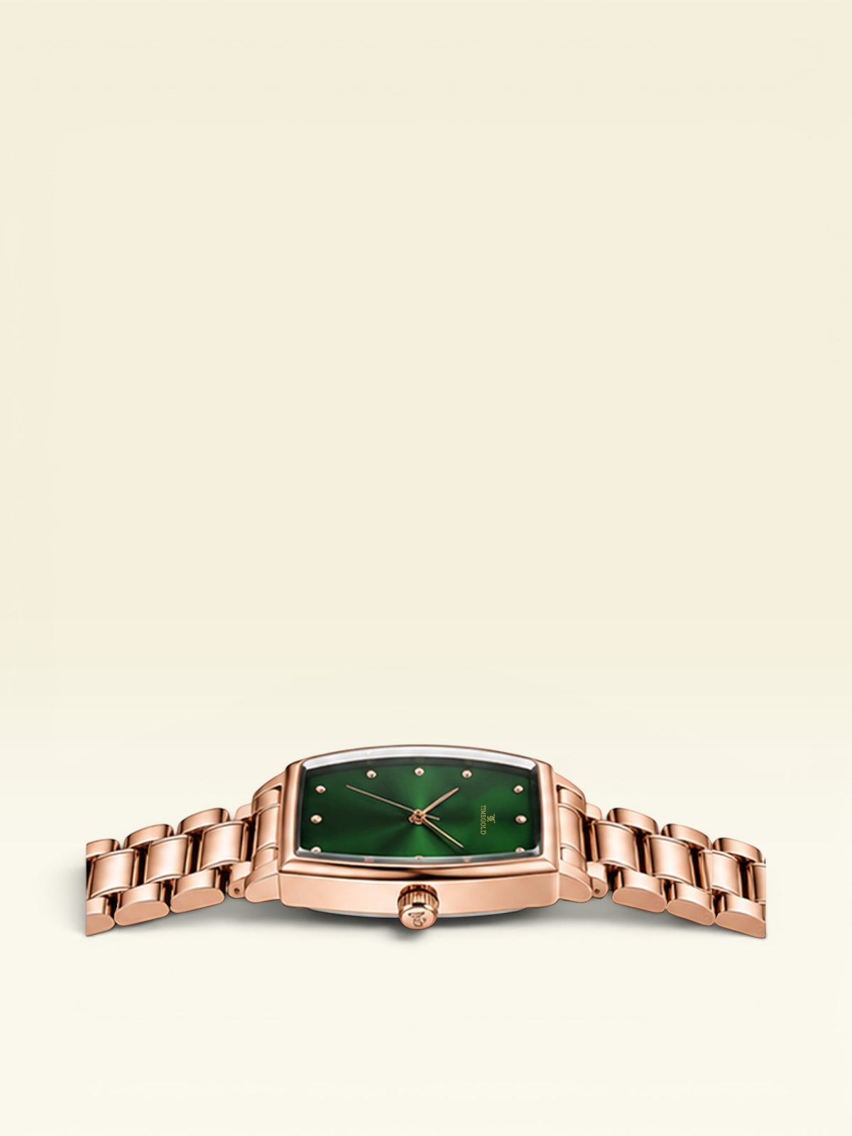 Labdhi Watches & Premium TimeGold Regal Curve watch with a green sunburst dial and rose gold stainless steel bracelet