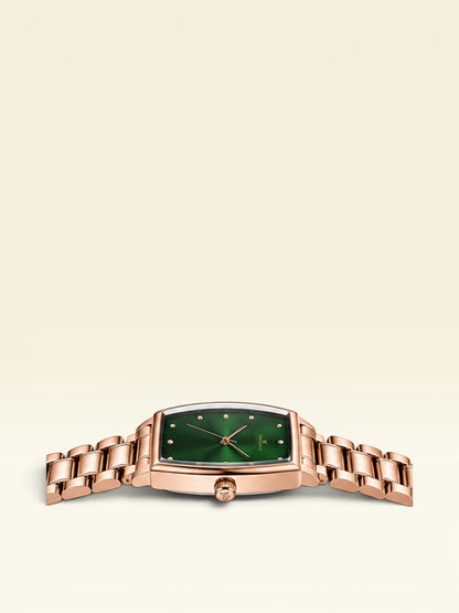 Labdhi Watches & Premium TimeGold Regal Curve watch with a green sunburst dial and rose gold stainless steel bracelet
