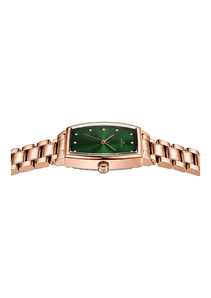 Labdhi Watches & Premium TimeGold Regal Curve watch with a green sunburst dial and rose gold stainless steel bracelet