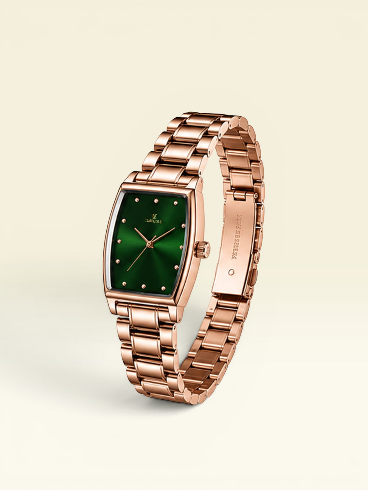Labdhi Watches & Premium TimeGold TG-16-06 watch with a green sunburst dial and rose gold curved-square case and bracelet.