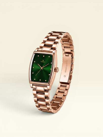 Labdhi Watches & Premium TimeGold TG-16-06 watch with a green sunburst dial and rose gold curved-square case and bracelet.