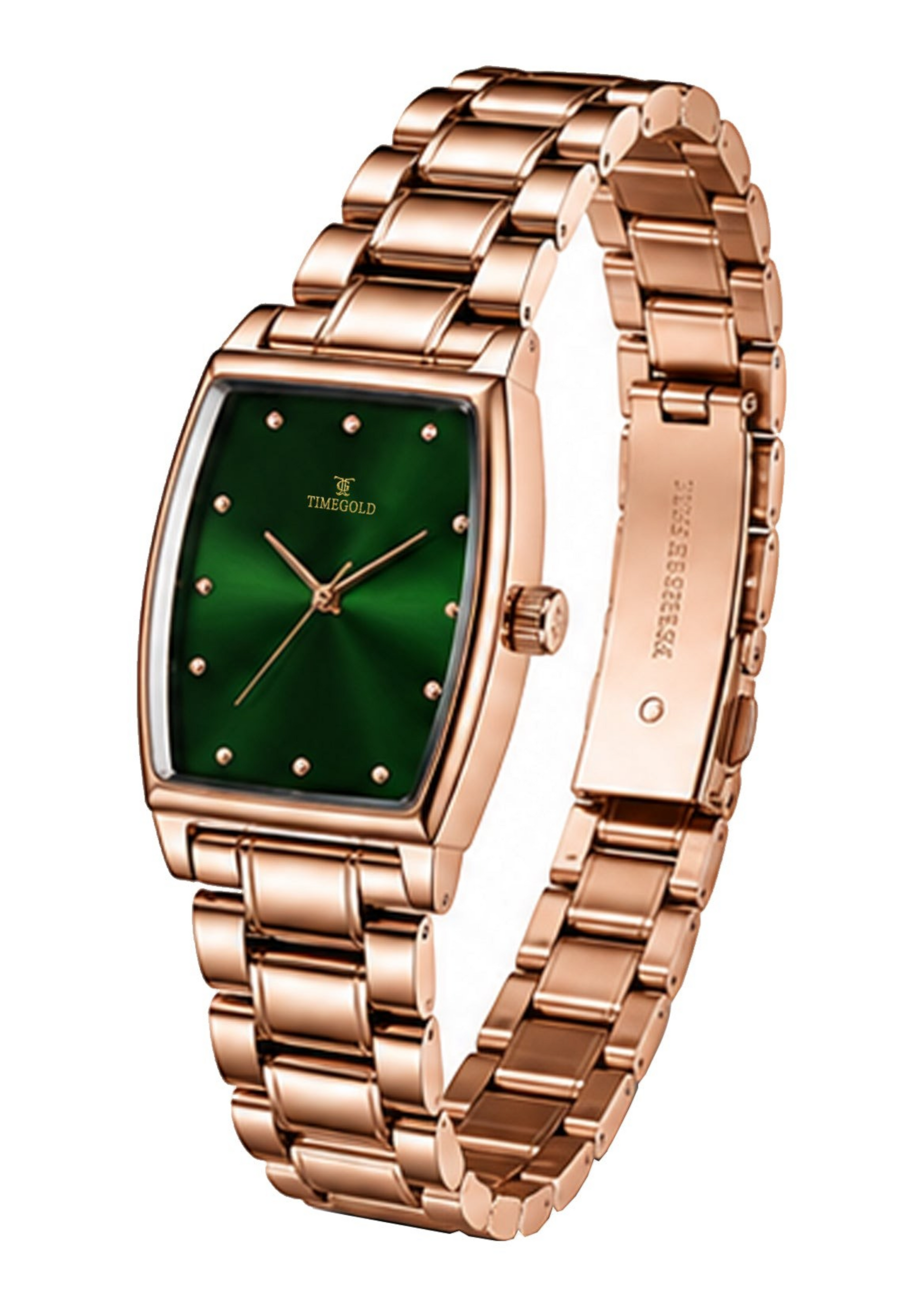 Labdhi Watches & Premium TimeGold TG-16-06 watch with a green sunburst dial and rose gold curved-square case and bracelet.