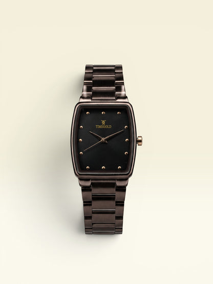 Labdhi Watches & Premium TimeGold TG-16-03 watch with a black sunburst dial and curved-square gunmetal case.