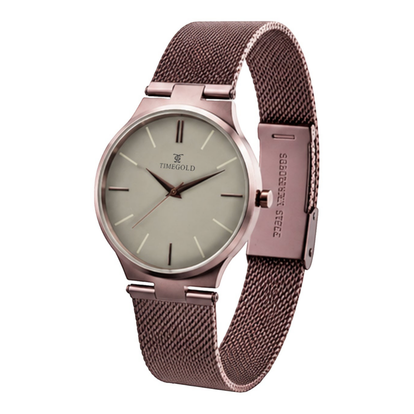 Labdhi Watches & Premium TimeGold TG-21-04 men's watch with a rose gold mesh strap and minimalist beige dial.