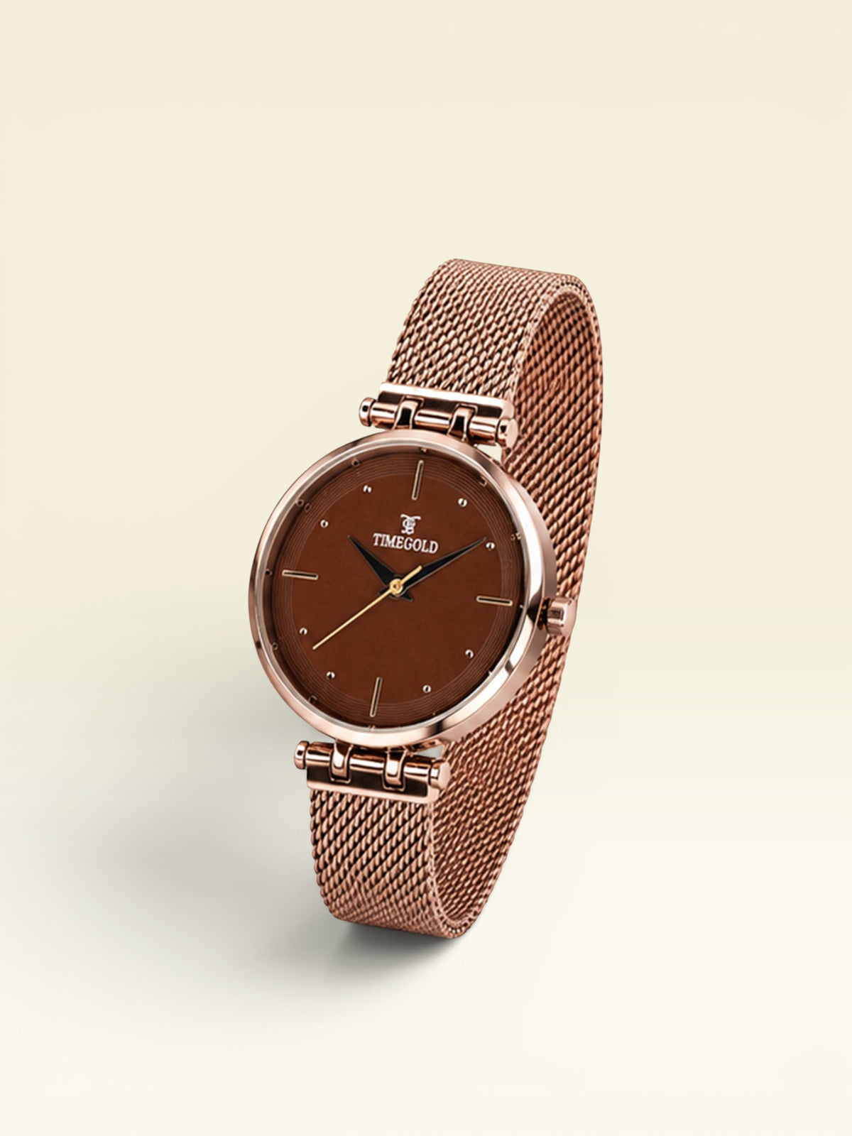 Labdhi Watches & Premium TimeGold Aurora watch with a brown dial and rose gold mesh bracelet