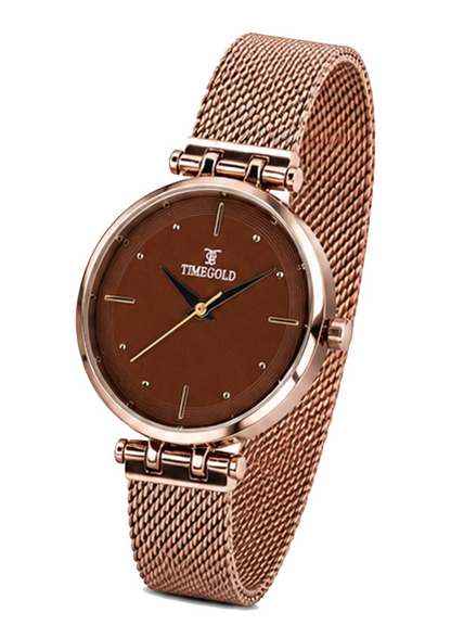 Labdhi Watches & Premium TimeGold Aurora watch with a brown dial and rose gold mesh bracelet