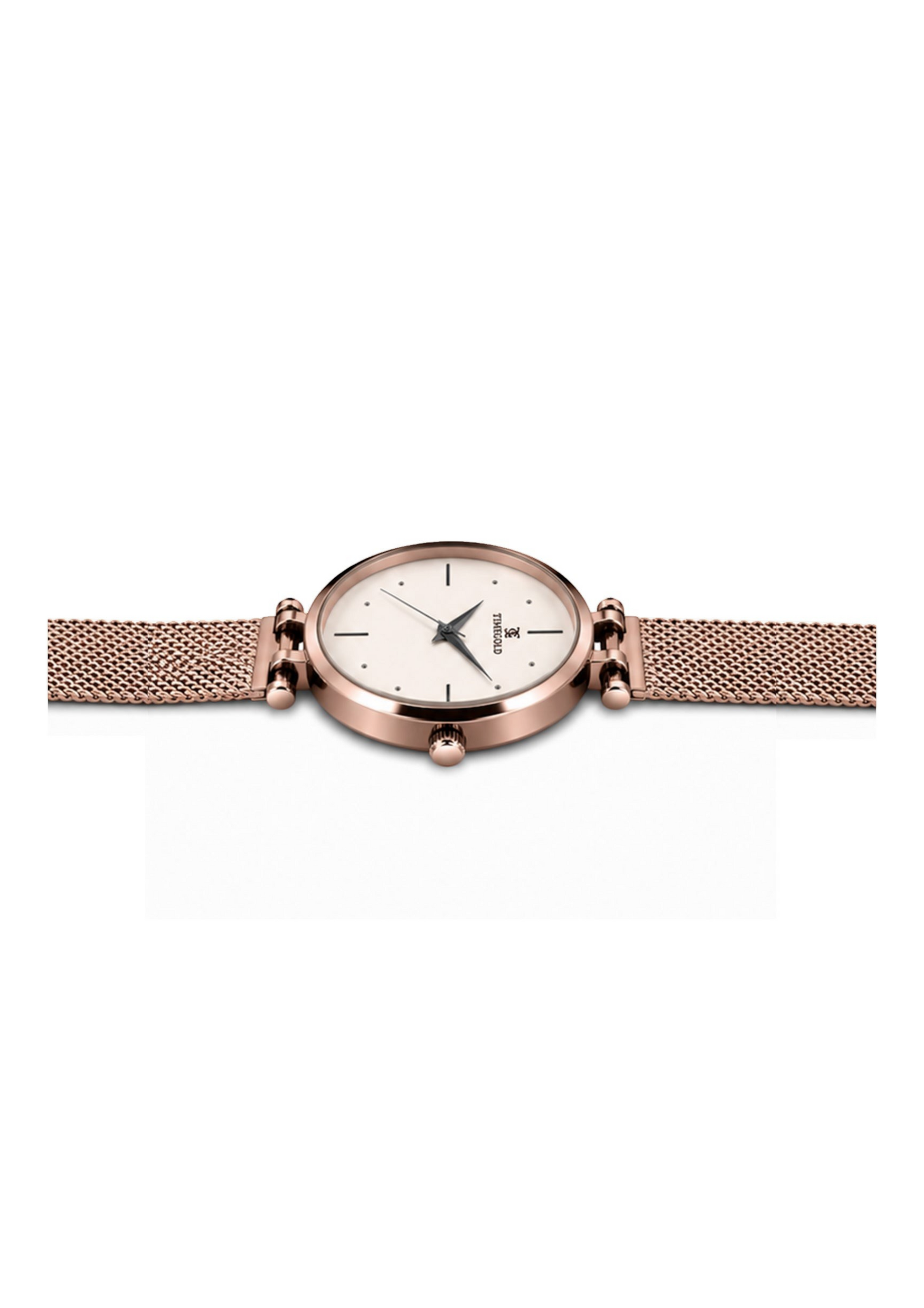 Labdhi Watches & Premium TimeGold Aurora rose gold watch with a minimalist white dial and a sleek mesh bracelet.