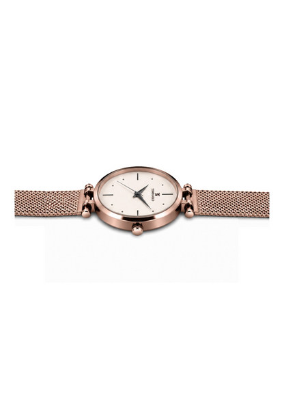 Labdhi Watches & Premium TimeGold Aurora rose gold watch with a minimalist white dial and a sleek mesh bracelet.