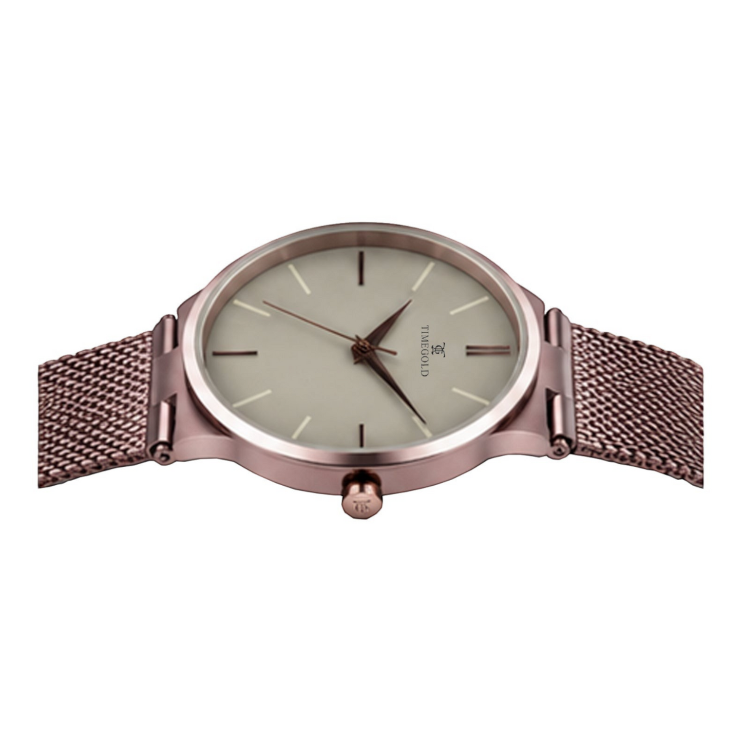 Labdhi Watches & Premium TimeGold TG-21-04 men's watch with a rose gold mesh strap and minimalist cream dial.