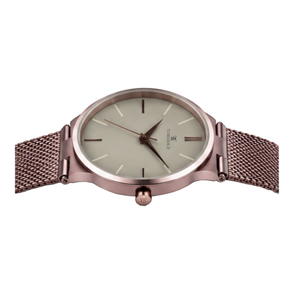 Labdhi Watches & Premium TimeGold TG-21-04 men's watch with a rose gold mesh strap and minimalist cream dial.
