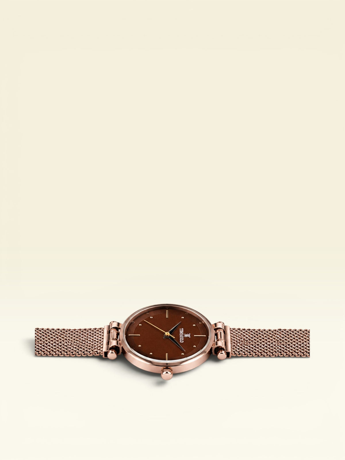 Labdhi Watches & Premium TimeGold Aurora mesh watch with a brown dial and rose gold stainless steel mesh strap.