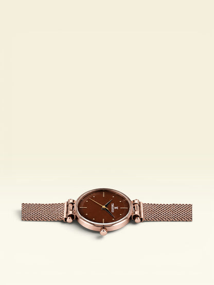 Labdhi Watches & Premium TimeGold Aurora mesh watch with a brown dial and rose gold stainless steel mesh strap.