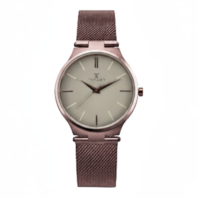 Labdhi Watches & Premium TimeGold TG-21-04 men's watch with a rose gold mesh strap and minimalist beige dial.