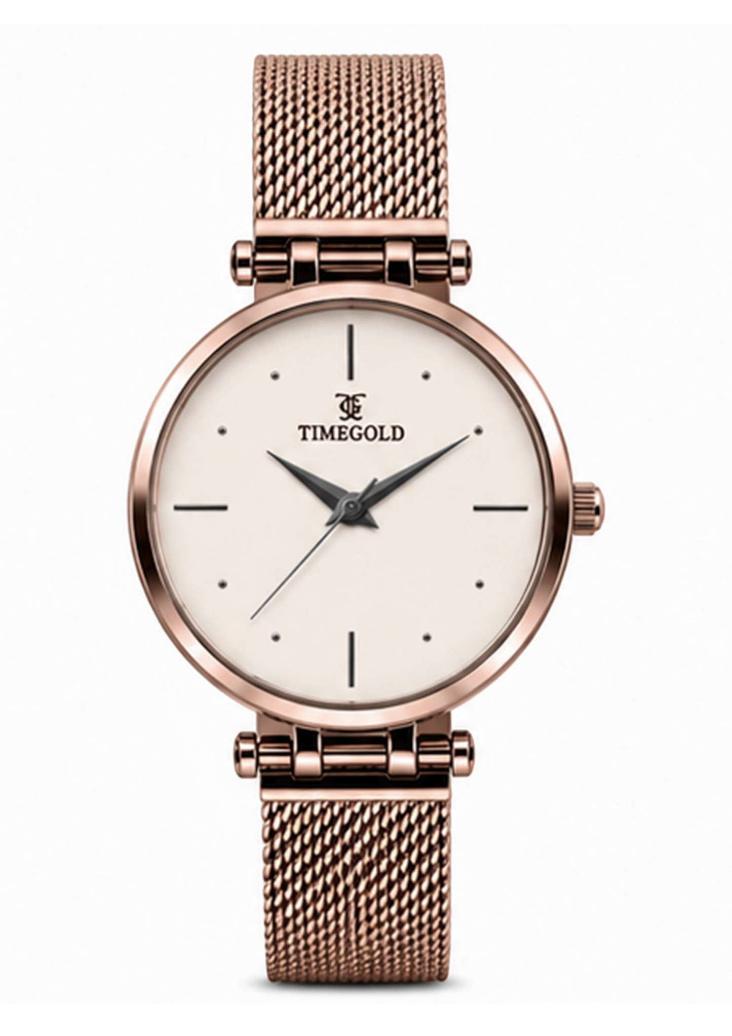 Labdhi Watches & Premium TimeGold Aurora mesh watch with a rose gold stainless steel strap and minimalist white dial.