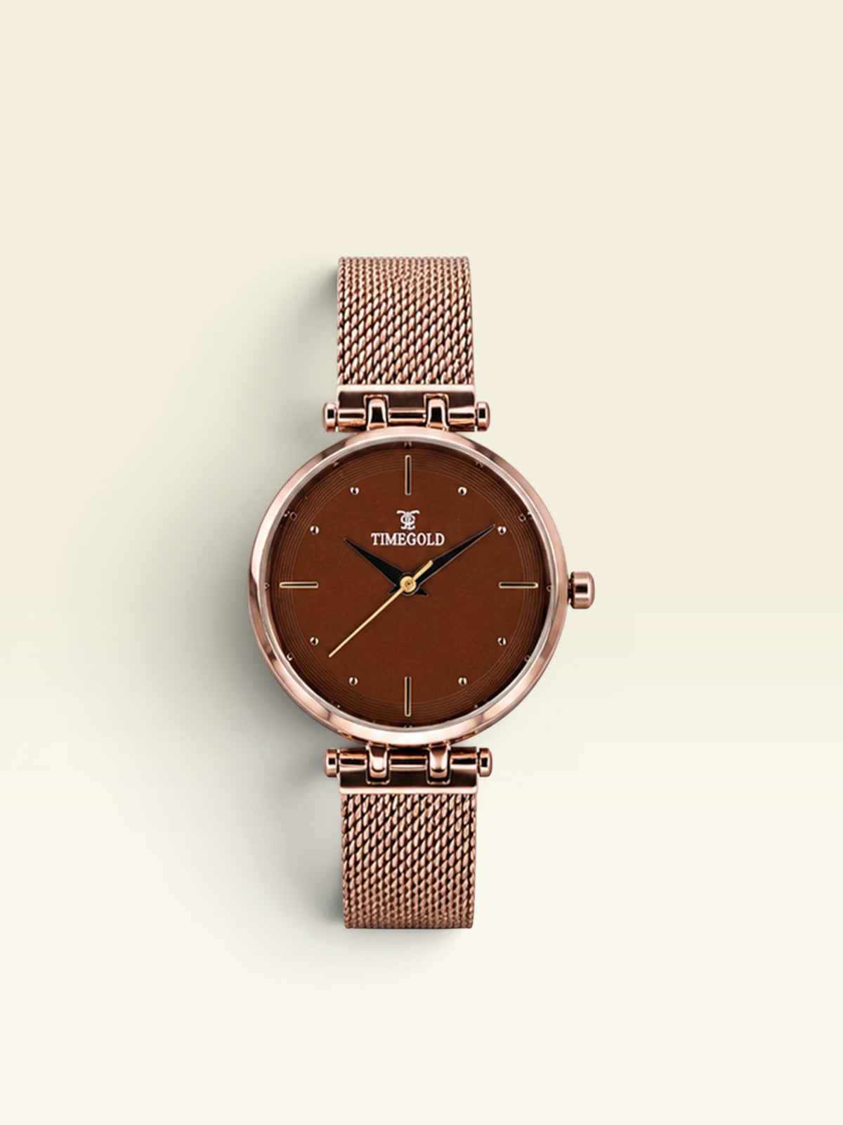 Labdhi Watches & Premium TimeGold Aurora watch with a brown dial and rose gold mesh bracelet