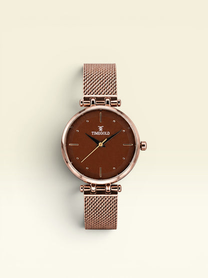 Labdhi Watches & Premium TimeGold Aurora watch with a brown dial and rose gold mesh bracelet