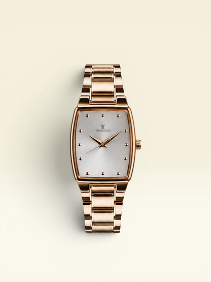 Labdhi Watches & Premium TimeGold TG-16-05 watch with a rose gold curved-square case, silver sunburst dial, and bracelet