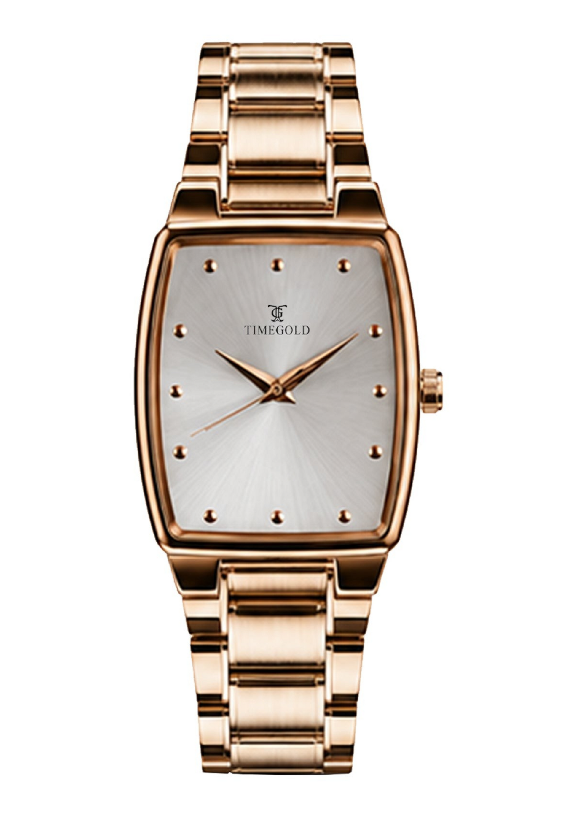 Labdhi Watches & Premium TimeGold TG-16-05 watch with a rose gold curved-square case, silver sunburst dial, and bracelet