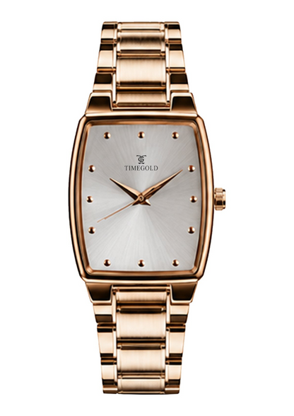 Labdhi Watches & Premium TimeGold TG-16-05 watch with a rose gold curved-square case, silver sunburst dial, and bracelet
