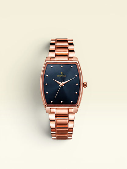 Labdhi Watches & Premium TimeGold TG-16-04 watch with a rose gold stainless steel bracelet and curved square black dial.