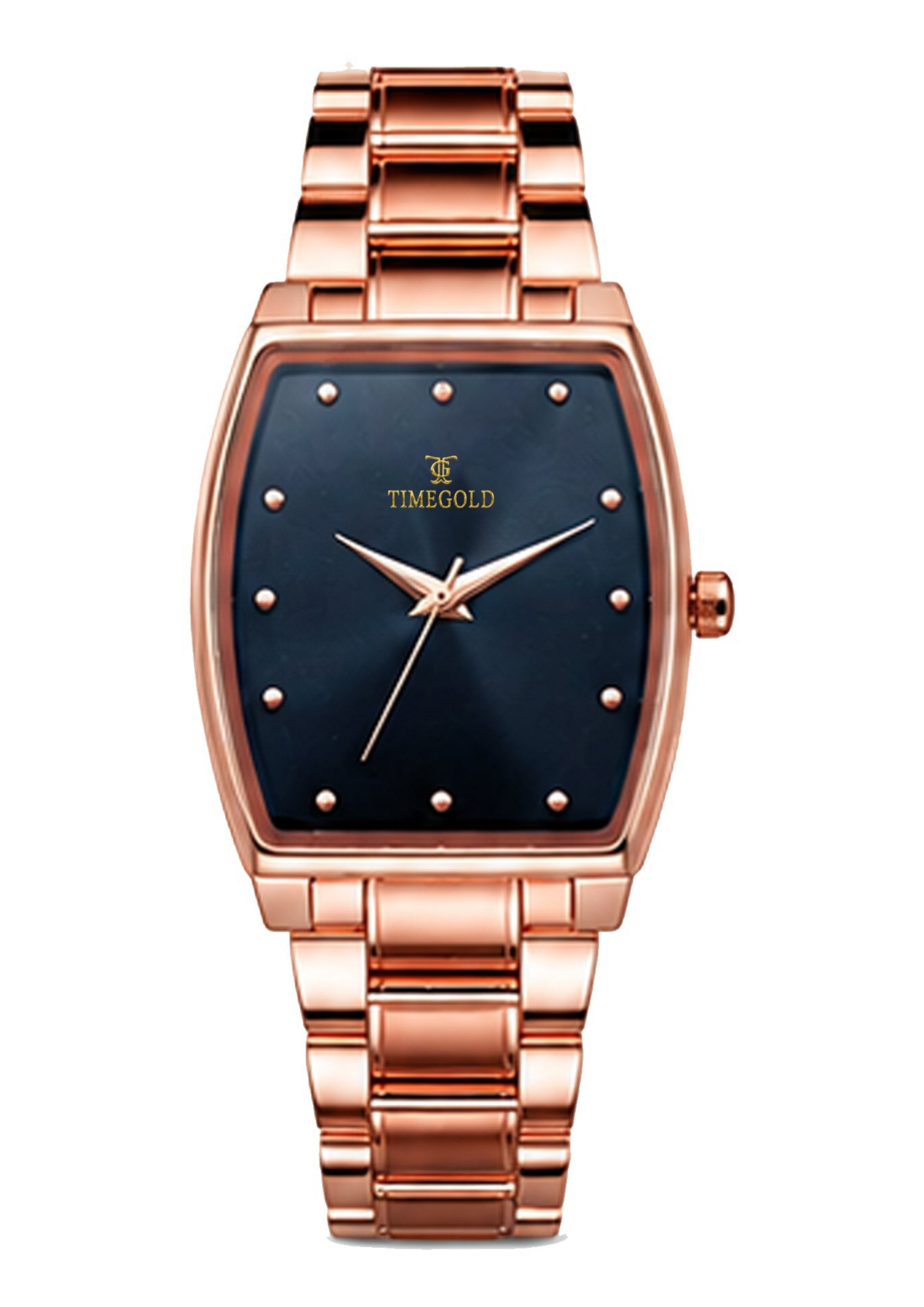 Labdhi Watches & Premium TimeGold TG-16-04 watch with a rose gold stainless steel bracelet and curved square black dial.