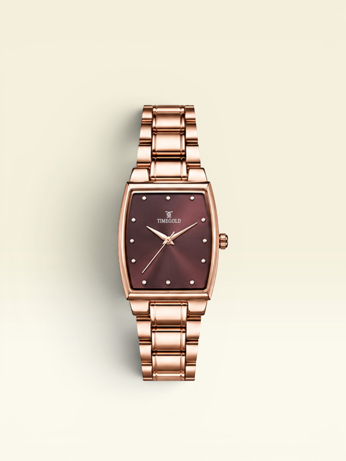Labdhi Watches & Premium TimeGold TG-16-01 watch with a rose gold curved-square case, sunburst brown dial, and bracelet.