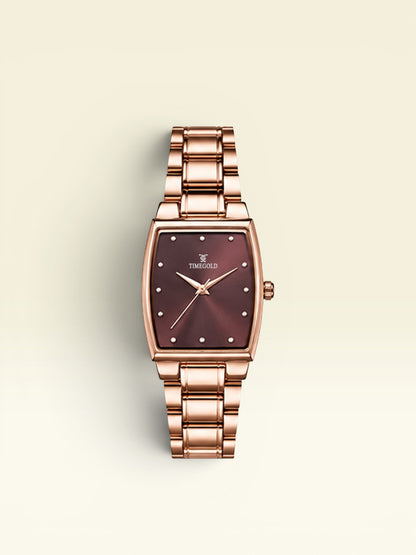 Labdhi Watches & Premium TimeGold TG-16-01 watch with a rose gold curved-square case, sunburst brown dial, and bracelet.