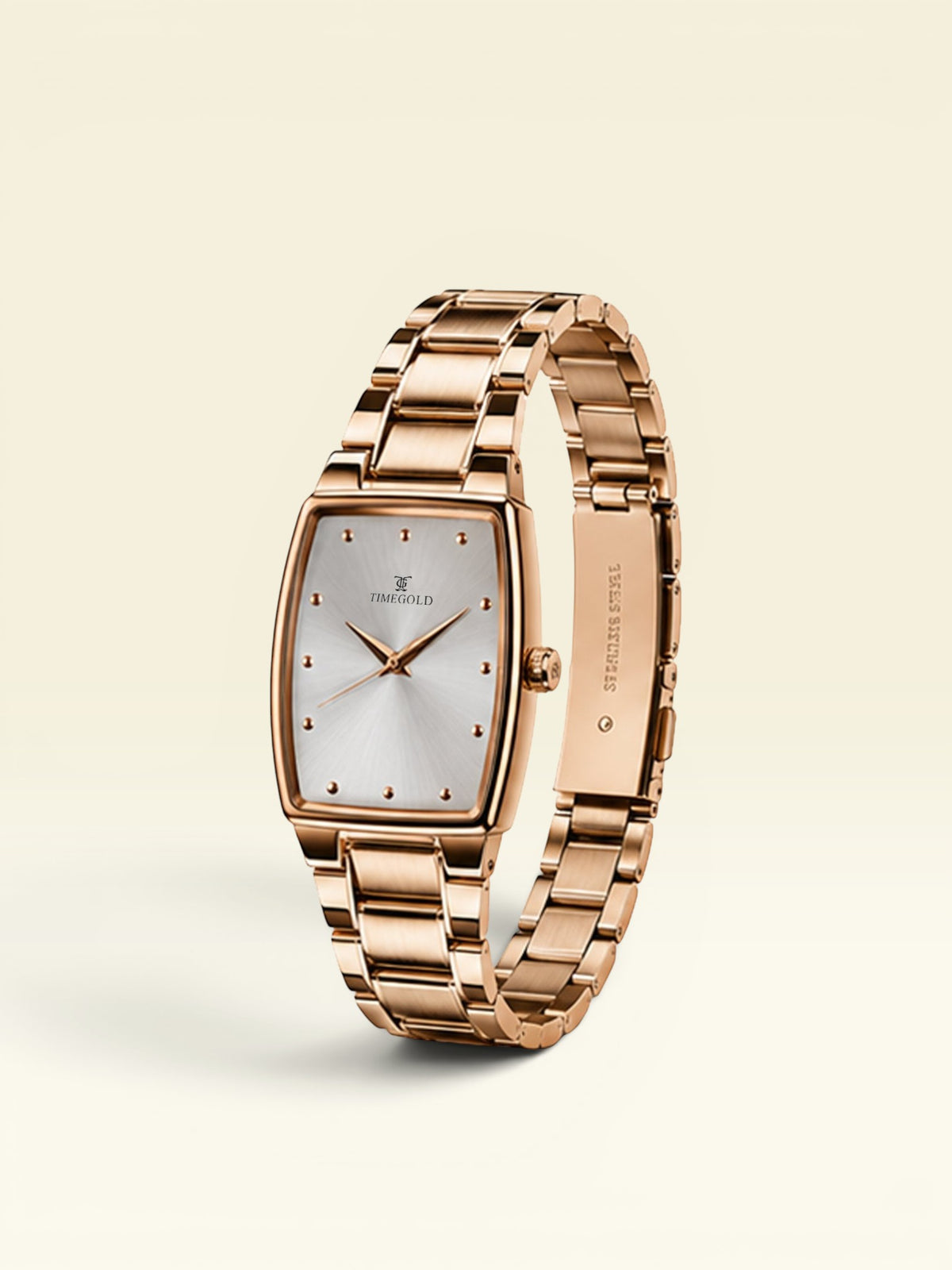 Labdhi Watches & Premium TimeGold Regal Curve watch with a rose gold stainless steel case, bracelet, and silver dial.