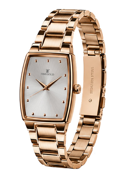 Labdhi Watches & Premium TimeGold Regal Curve watch with a rose gold stainless steel case, bracelet, and silver dial.