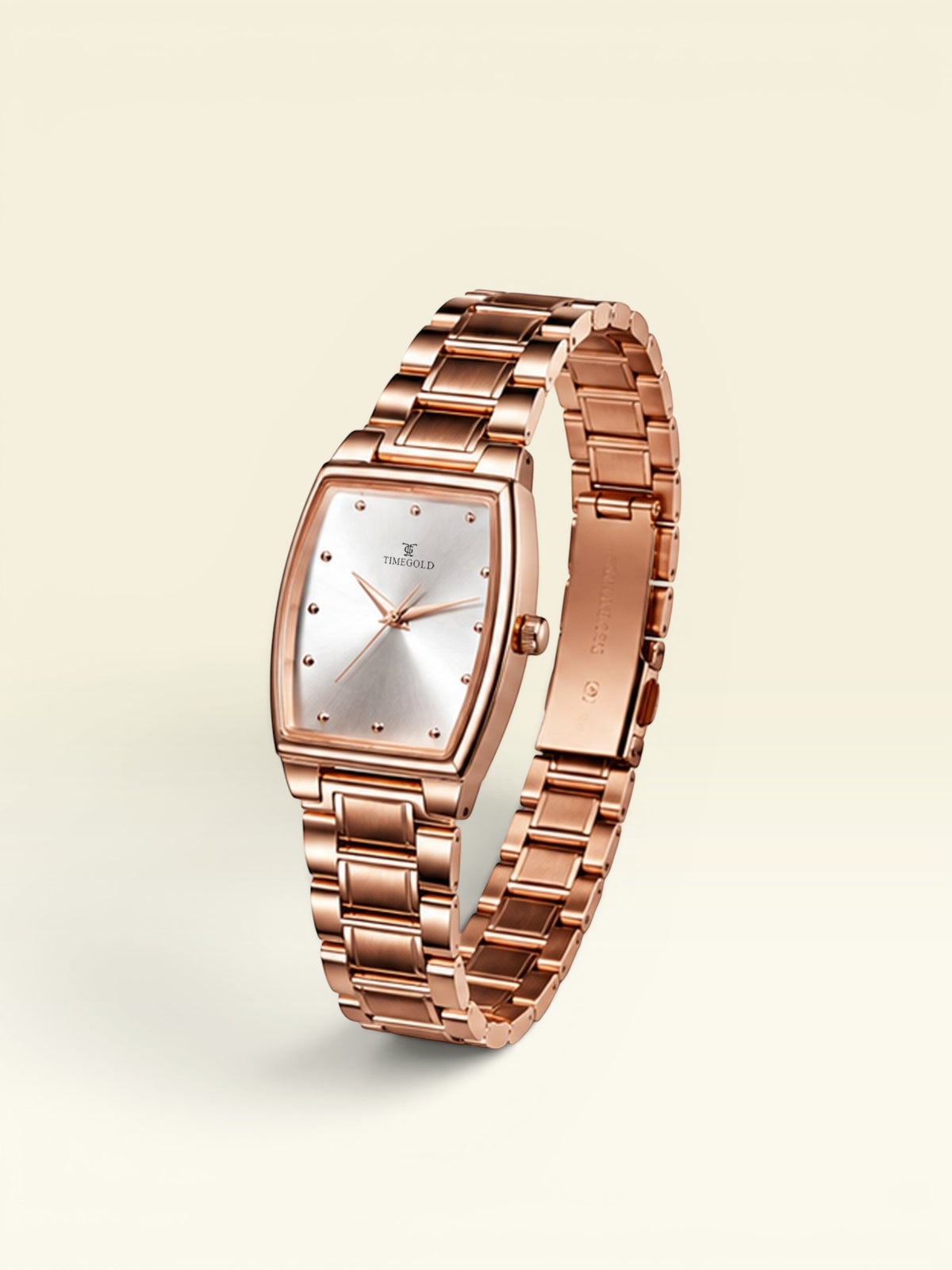 Labdhi Watches & Premium TimeGold TG-16-02 watch with a rose gold stainless steel bracelet and curved square dial.