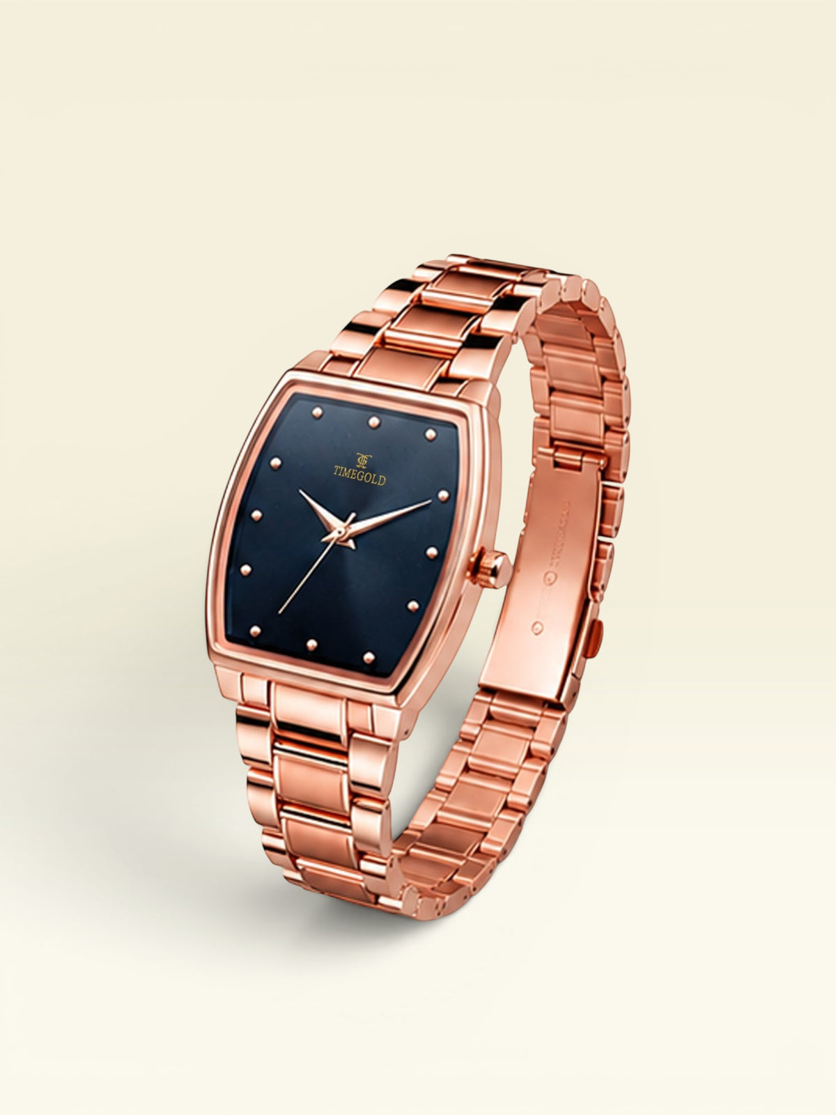 Labdhi Watches & Premium TimeGold TG-16-04 watch with a rose gold curved-square case, black dial, and metal bracelet.