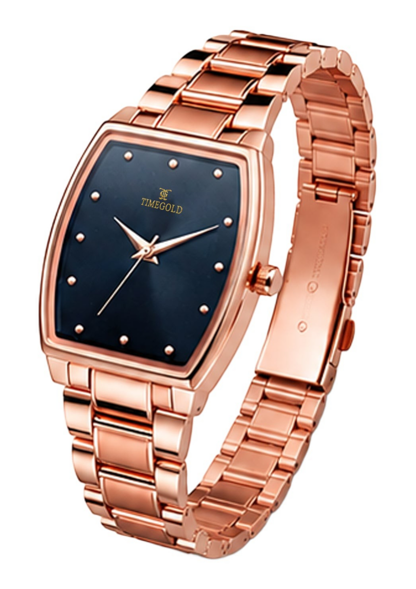 Labdhi Watches & Premium TimeGold TG-16-04 watch with a rose gold curved-square case, black dial, and metal bracelet.