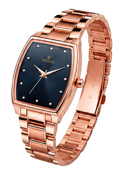 Labdhi Watches & Premium TimeGold TG-16-04 watch with a rose gold curved-square case, black dial, and metal bracelet.