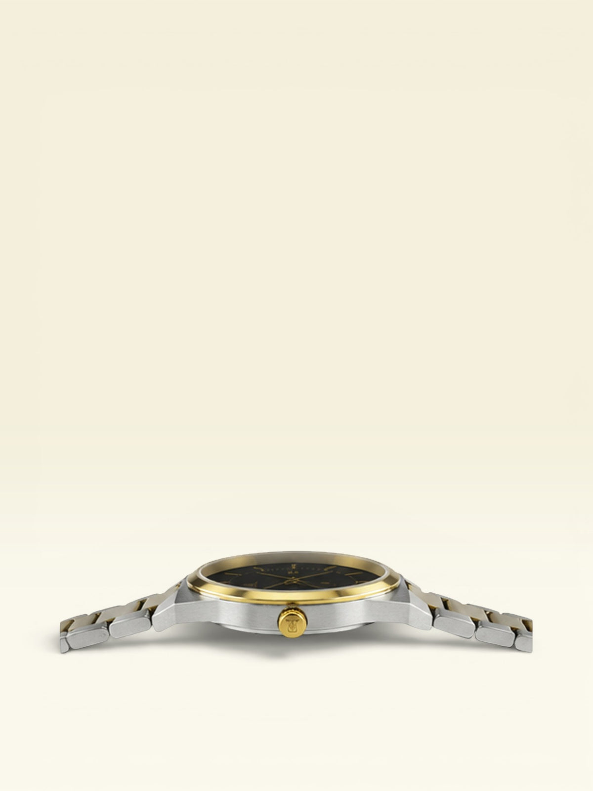 Labdhi Watches & Premium TimeGold TG-15-01 watch featuring a slim profile, black dial, and two-tone silver gold bracelet.