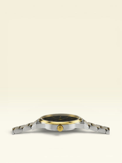 Labdhi Watches & Premium TimeGold TG-15-01 watch featuring a slim profile, black dial, and two-tone silver gold bracelet.