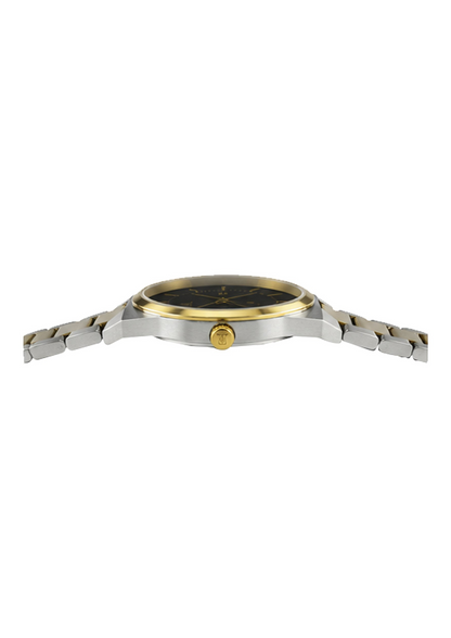 Labdhi Watches & Premium TimeGold TG-15-01 watch featuring a slim profile, black dial, and two-tone silver gold bracelet.