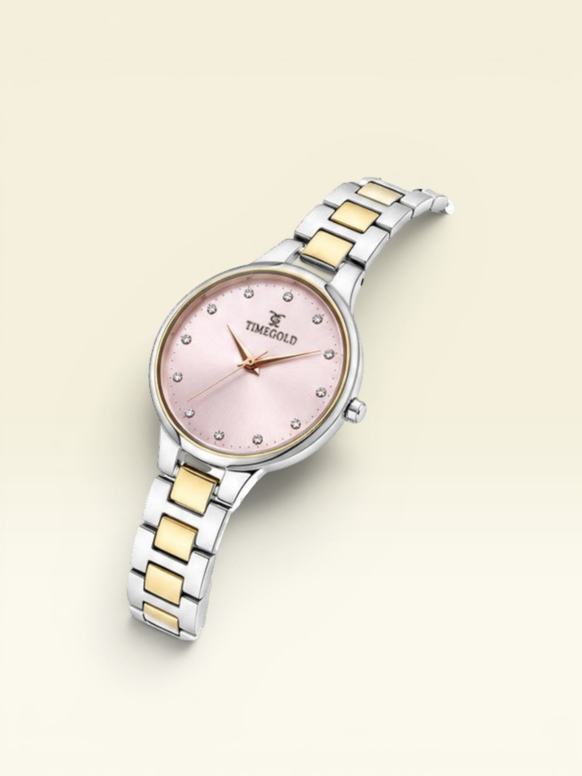 Labdhi Watches & Premium TimeGold Aurelia Grace women's watch with a pink sunray dial, crystal markers, and two-tone band