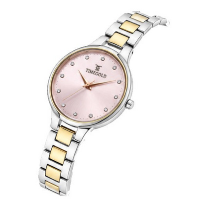 Labdhi Watches & Premium TimeGold Aurelia Grace women's watch with a pink sunray dial, crystal markers, and two-tone band
