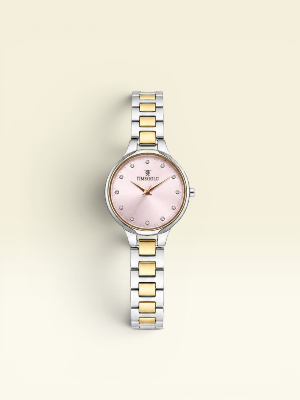 Labdhi Watches & Premium TimeGold TG-10-04 women's watch with a pink sunray dial, crystal markers, and two-tone band.