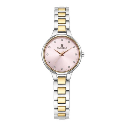 Labdhi Watches & Premium TimeGold TG-10-04 women's watch with a pink sunray dial, crystal markers, and two-tone band.