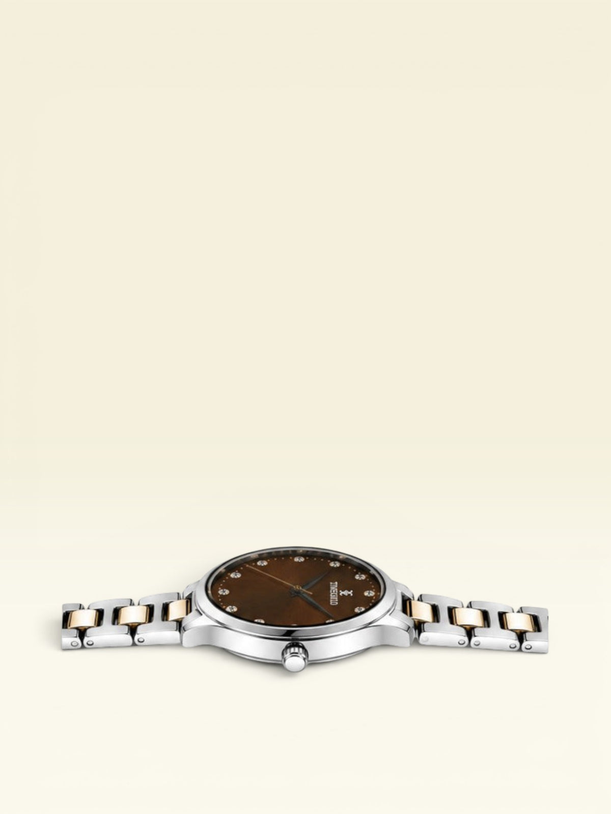 Labdhi Watches & Premium TimeGold Aurelia Grace watch with a brown sunray dial, crystal markers, and two-tone bracelet.