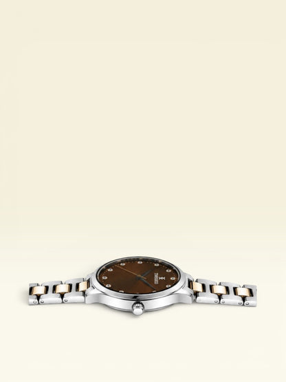 Labdhi Watches & Premium TimeGold Aurelia Grace watch with a brown sunray dial, crystal markers, and two-tone bracelet.
