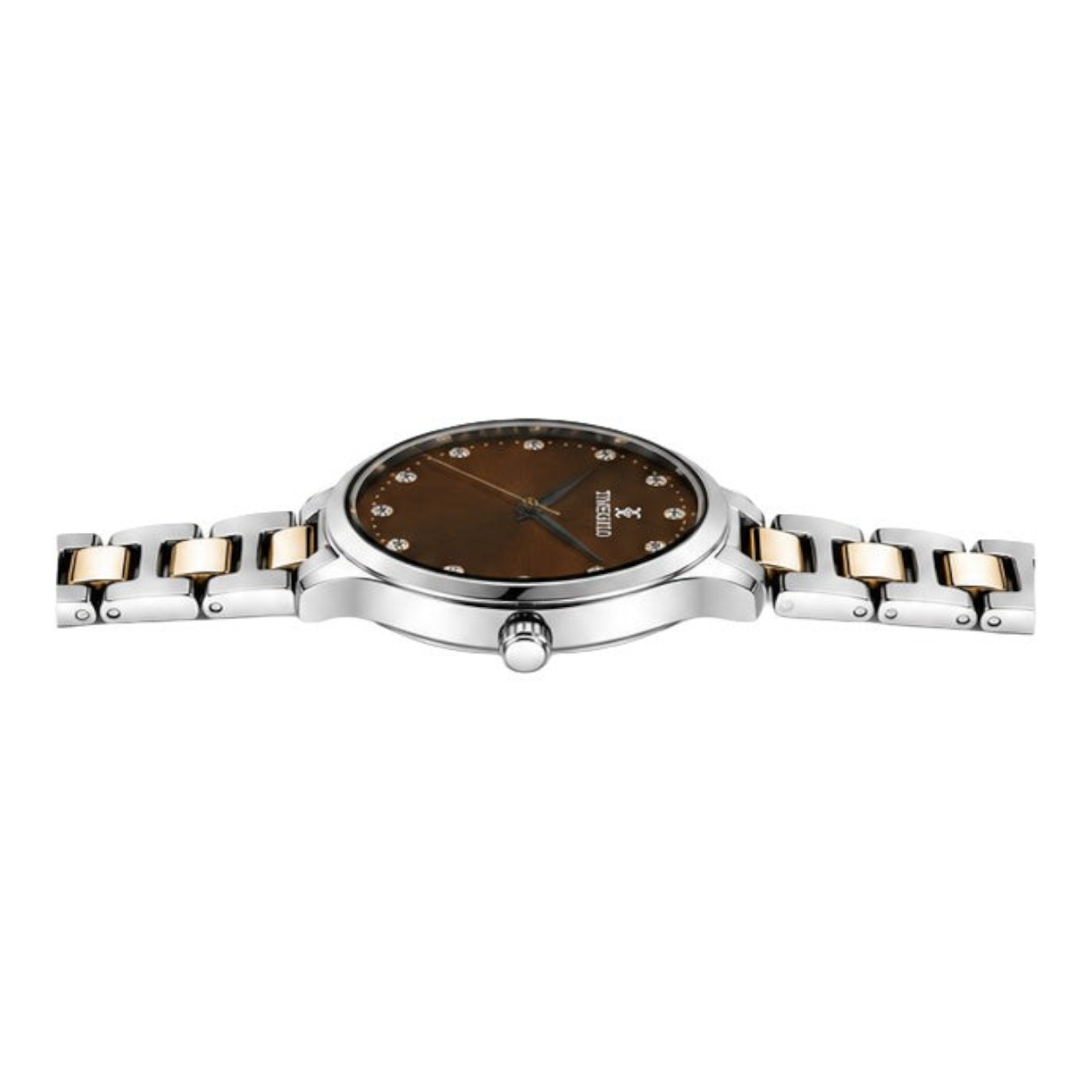 Labdhi Watches & Premium TimeGold Aurelia Grace watch with a brown sunray dial, crystal markers, and two-tone bracelet.