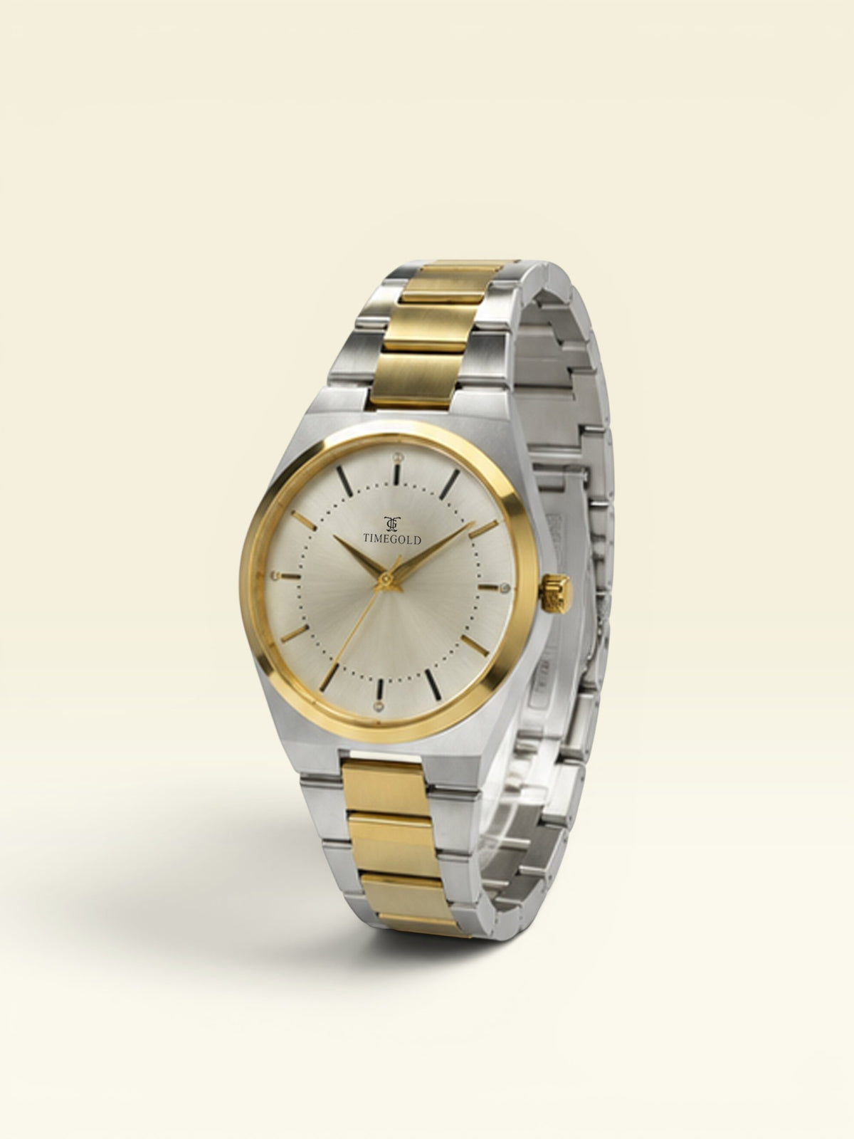 Labdhi Watches & Premium TimeGold TG-15-03 watch with a two-tone silver and gold stainless steel integrated bracelet.