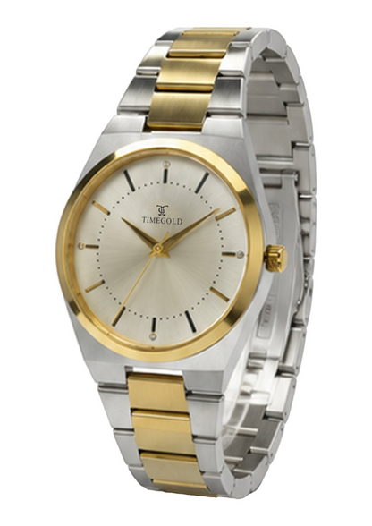 Labdhi Watches & Premium TimeGold TG-15-03 watch with a two-tone silver and gold stainless steel integrated bracelet.