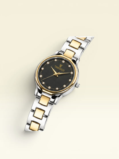Labdhi Watches & Premium TimeGold Aurelia Grace watch with a black sunray dial, crystal markers, and two-tone finish.